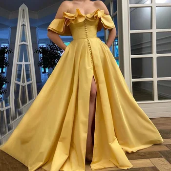 Восьмитонные Элегантные платья для выпускного вечера с открытыми плечами и разрезом по бокам, Трапециевидное Арабское золотое вечернее платье для выпускного 2020