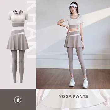 Высокая эластичная талия, цветная блокирующая поддельная юбка для йоги из двух частей, подтягивающий бедра, быстросохнущий дышащий спортивный топ + Комплект колготок