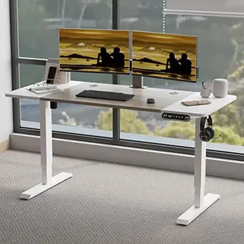Высота Стоящего стола - 55 x 24 дюйма, Компьютерный стол с подставкой для сидения, Настольный Стол для домашнего офиса, Белая рама/Белый + Дубовая столешница