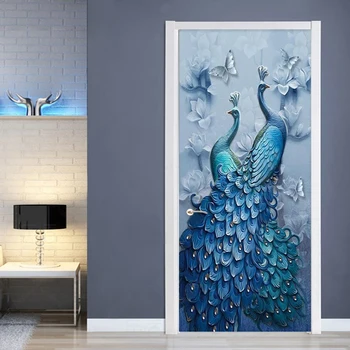 Дверная наклейка в европейском стиле 3D Рельефные обои с синим Павлином Современная картина маслом Наклейки на стены Гостиная ПВХ Наклейки на дверь дома