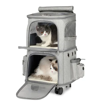 Двухслойная тележка для домашних животных для 2 кошек, переноска для собак, сумка для переноски кошек, Переносная корзина, Складной рюкзак, багаж для путешествий
