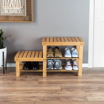 Двухъярусный бамбуковый стеллаж для хранения обуви и скамейка для прихожей, прихожей, гостиной, спальни или ванной комнаты от Lavish Home