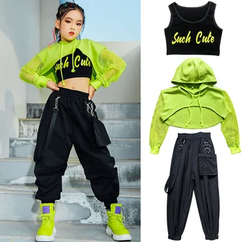 Джазовый костюм в стиле хип-хоп Для девочек, Зеленые топы с сетчатыми рукавами, Черные брюки в стиле хип-хоп для детей, Одежда для современных танцев