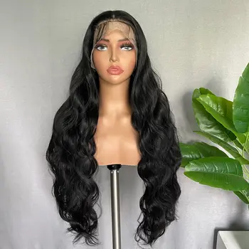 Длинный Волнистый парик для женщин, черные парики на шнурке спереди в средней части, Объемная волна, синтетические волосы, натуральный парик из термостойкого волокна