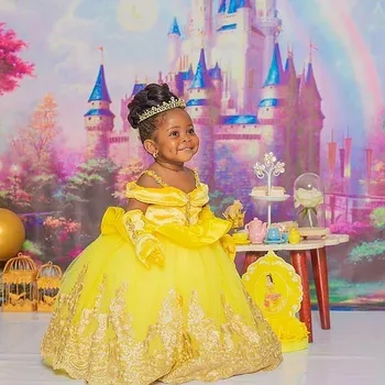 Желтое Бальное платье, Платья с цветочным узором для девочек, Кружевные аппликации, Праздничное платье для маленьких девочек, Детские платья на День Рождения для фотосессии