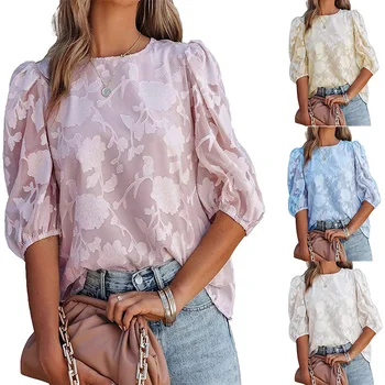 Женская летняя мода 2023 года в стиле бохо, шифоновый свободный топ с пышными рукавами, рубашка с цветочной текстурой, рубашки для женщин