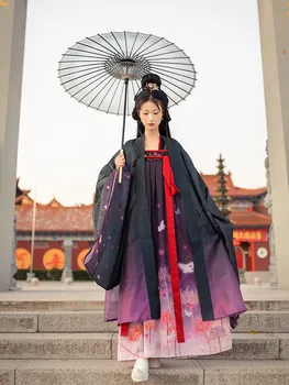 Женская модная рубашка Hanfu с большим рукавом и вышивкой, юбка на всю грудь, цветочная вышивка Bian, классический черный и красный Hanfu