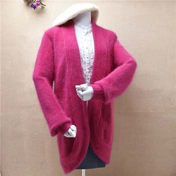 женские розовые элегантные винтажные вязаные свободные кардиганы из ангорского кроличьего меха, мантия, норковая кашемировая зимняя куртка, пальто