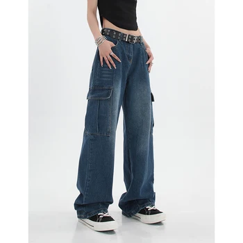 Женские синие винтажные джинсы-карго, прямые брюки с высокой талией, Модные повседневные мешковатые широкие джинсовые брюки, Женские летние