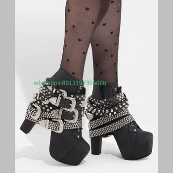 Женские черные пикантные ботильоны в стиле панк на массивном каблуке с металлическим узором Y2K, дизайнерские ботинки на платформе с пряжкой-цепочкой, размер 35-46