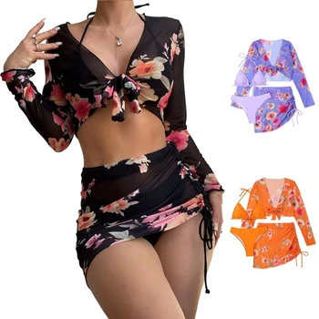 Женский комплект бикини из 3 предметов с цветочным принтом, купальник с юбкой-футляром, летний купальный костюм
