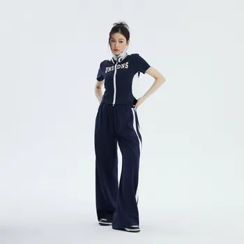 Женский повседневный костюм, модная корейская версия, воротник-стойка контрастного цвета, пальто на молнии, Трендовые Свободные Прямые брюки, Комплект из двух предметов