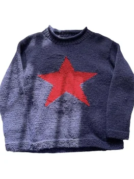 Женский свитер, вязаный пуловер с круглым вырезом и рисунком звезды, зимние легкие топы для повседневной носки
