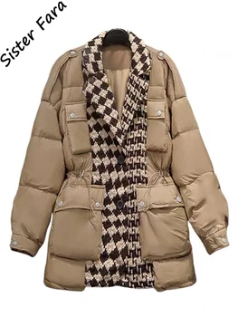 Женское легкое водостойкое пуховое пальто, клетчатая зимняя теплая парка с заплатками, женское свободное толстое пальто из двух предметов