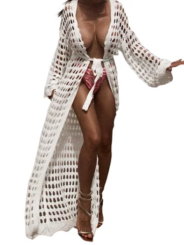 Женское летнее бикини с длинным вырезом, Белая пляжная одежда с длинным рукавом, открытая спереди, вязаная