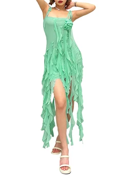 Женское мини-платье без рукавов с рюшами и нерегулярным подолом в стиле Sassy Y2K - идеально подходит для летних вечеринок, клубов и коктейлей