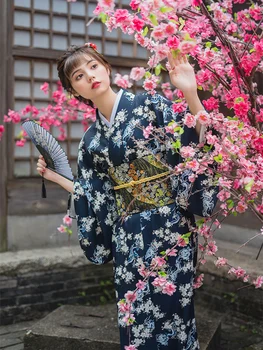 Женское Традиционное Японское Кимоно Юката, Халат для Фотосъемки, платье для Косплея, костюм синего Цвета с цветочным принтом, Винтажная одежда