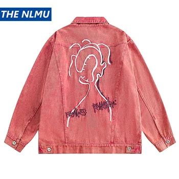 Забавная Розовая Джинсовая куртка для Мужчин и Женщин, Уличная Одежда в стиле Хип-Хоп, Свободная Джинсовая Куртка с вышивкой 2023, Осенняя Университетская куртка, Пальто
