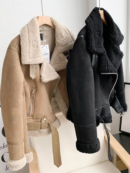 Зимняя женская уличная одежда, Толстая теплая Короткая замшевая куртка из ягненка, Мотоциклетные пальто, искусственная дубленка, Кожаные куртки из овчины, Верхняя одежда