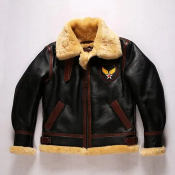 Зимняя мужская куртка пилота-бомбера с крыльями, украшенная маслом B3 из вощеной конской кожи с кожаным отворотом, повседневная теплая холодная куртка из овечьего меха one
