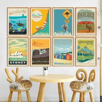 Знаменитый город Сидней, Австралия, Туристические плакаты, Мультяшный пейзаж, Картины на холсте, Настенные художественные картины для гостиной, Бескаркасные