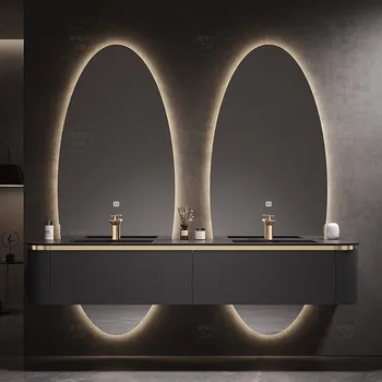 Индивидуальный Дизайнерский Дубовый шкаф для ванной Комнаты Комбинированный Светильник Роскошный Высококачественный Двойной Умывальник Каменная плита Встроенная ванная комната