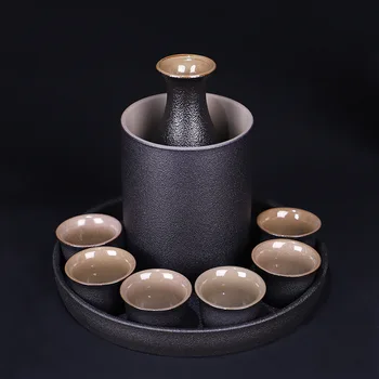 Керамический горшок для Саке в Японском Стиле, набор Чашек, черная керамика, бутылка для ликера, вина, чашки, лоток