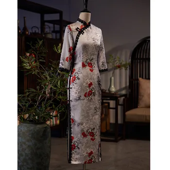 Китайский Стиль, Сексуальное Платье Ципао с цветочным Принтом, Традиционное повседневное Платье, Женский воротник-стойка, Чонсам