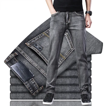 Классические стильные Летние мужские Тонкие серые джинсы в деловом стиле, Высококачественные Прямые брюки из стрейчевого денима, мужские Брендовые брюки