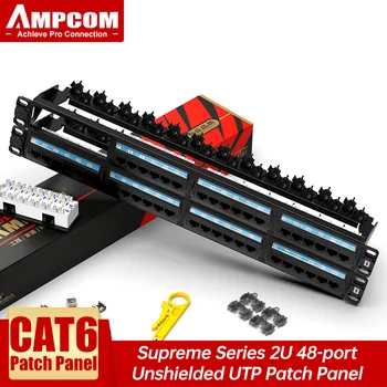 Коммутационная панель AMPCOM (указана в UL) CAT5e/CAT6 с 24/48 портами, для монтажа в стойку - 1U, 2U, 19 дюймов, 50u позолоченная, Задняя панель управления кабелями