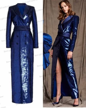 Королевский синий длинный женский костюм с блестками, офисный блейзер, официальное свадебное платье для выпускного вечера, пальто, двубортный пиджак на заказ с поясом