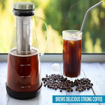Кофеварка для холодного заваривания, Стеклянный графин объемом 1 литр, Сетчатый фильтр и нескользящая основа