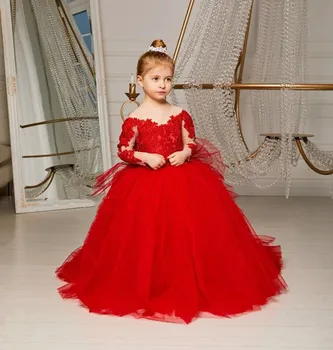 Красное пышное платье с цветочным узором для девочек на свадьбу, Кружевное Тюлевое прозрачное платье с мягкой подкладкой, детское платье для Первого причастия, платье на день рождения