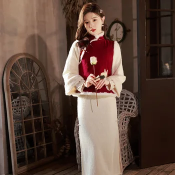 Красный Жилет для девочек Cheongsam 2023, Зимнее Меховое Китайское Традиционное Платье в стиле Тан, Новогоднее Поздравление, Женское Платье Ципао