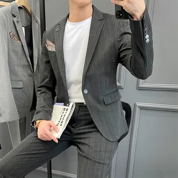 [Куртка + брюки] 2021 новый мужской костюм высокого качества в корейском стиле, приталенное повседневное деловое однобортное свадебное платье в полоску