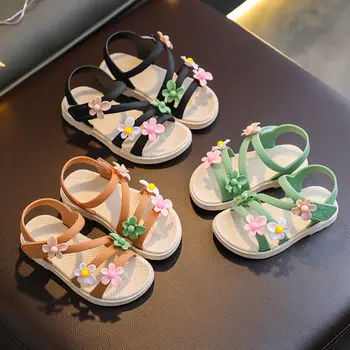 Летние Босоножки для маленьких девочек, Новинка 2021 года, Простые Милые Розово-зеленые детские сандалии с цветочным Рисунком, мягкая повседневная школьная обувь для девочек