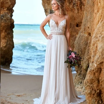 Летние Пляжные свадебные платья в стиле Бохо без рукавов, Кружевной V-образный вырез на бретельках-спагетти, Свадебные платья для невесты 2021