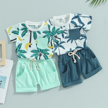 Летняя одежда для маленьких мальчиков, костюмы в пляжном стиле, футболки с круглым вырезом и принтом дерева, шорты с эластичной талией, Комплект из 2 предметов