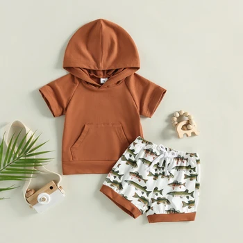 Летняя одежда для мальчиков, однотонные топы с капюшоном и короткими рукавами и шорты с рыбьим принтом, детская одежда, повседневные комплекты для малышей