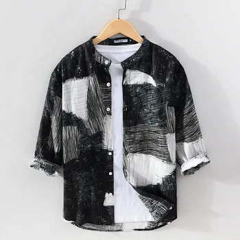 Летняя повседневная мужская рубашка из высококачественного льна, большой размер 3XL, черный принт, молодежный уличный топ с рукавом в семь точек