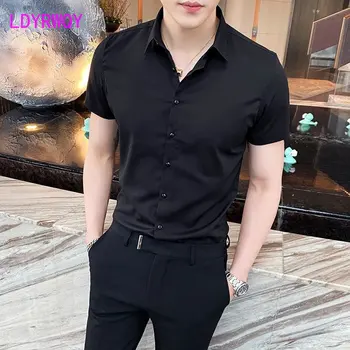 Летняя эластичная тонкая мужская рубашка с короткими рукавами корейского производства, облегающий однотонный мужской топ без глажки