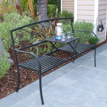Металлическая садовая скамейка Alpine Corporation с выдвижным столиком, черная