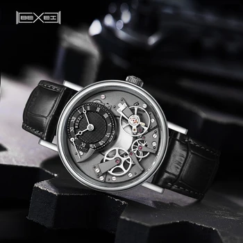 Механические часы BEXEI 9075, модные мужские часы, роскошный скелет из синтетического сапфира, механический ручной заводной механизм в деловом стиле