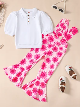 Милый и стильный комплект из 2 предметов для маленьких девочек, футболка с гофрированными рукавами и бантом и джинсовые шорты