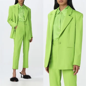 Модные зеленые женские костюмы, комплект из блейзера + девятых брюк, 2 предмета, сшитый на заказ Официальный офисный женский жакет, яркие цветные костюмы для выпускного вечера