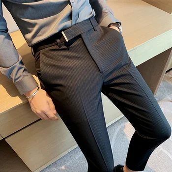 Модные мужские костюмные брюки в полоску, официальные деловые брюки, Корейские приталенные Классические повседневные брюки Серого, черного цвета