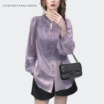 Модный женский Атласный топ с ручной вышивкой, Светло-фиолетовая рубашка средней длины, Весна 2023, Свободные Блузки с рукавом-фонариком и воротником-стойкой