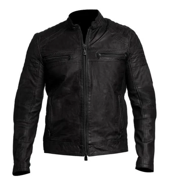Мужская куртка из натуральной кожи мотоциклетное байкерское винтажное потертое черное выцветшее пальто