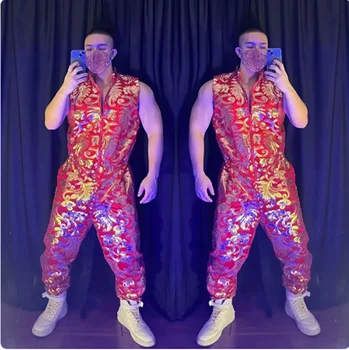 Мужская Одежда в стиле хип-хоп, Красный комбинезон в китайском стиле, Одежда для выступлений танцоров ночного клуба Gogo, Танцевальная одежда для Мускулистых мужчин, Рейв-наряд