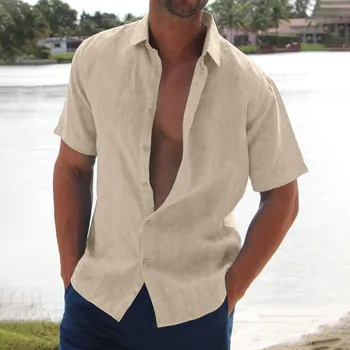 Мужские рубашки, уличная одежда, Пляжная мужская рубашка, повседневная рубашка из однотонного хлопка с коротким рукавом, Мужские Летние Свободные топы, рубашка